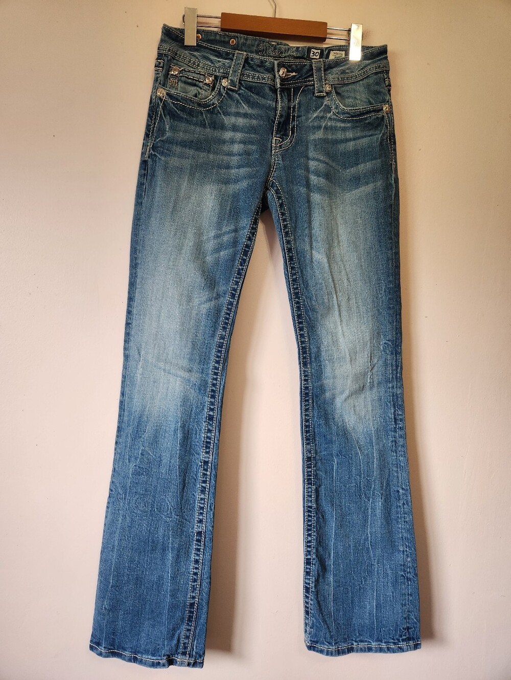 Miss Me Y2K McBling Rhinestone Butterfly Flap Pocket Bootcut Jeans 30